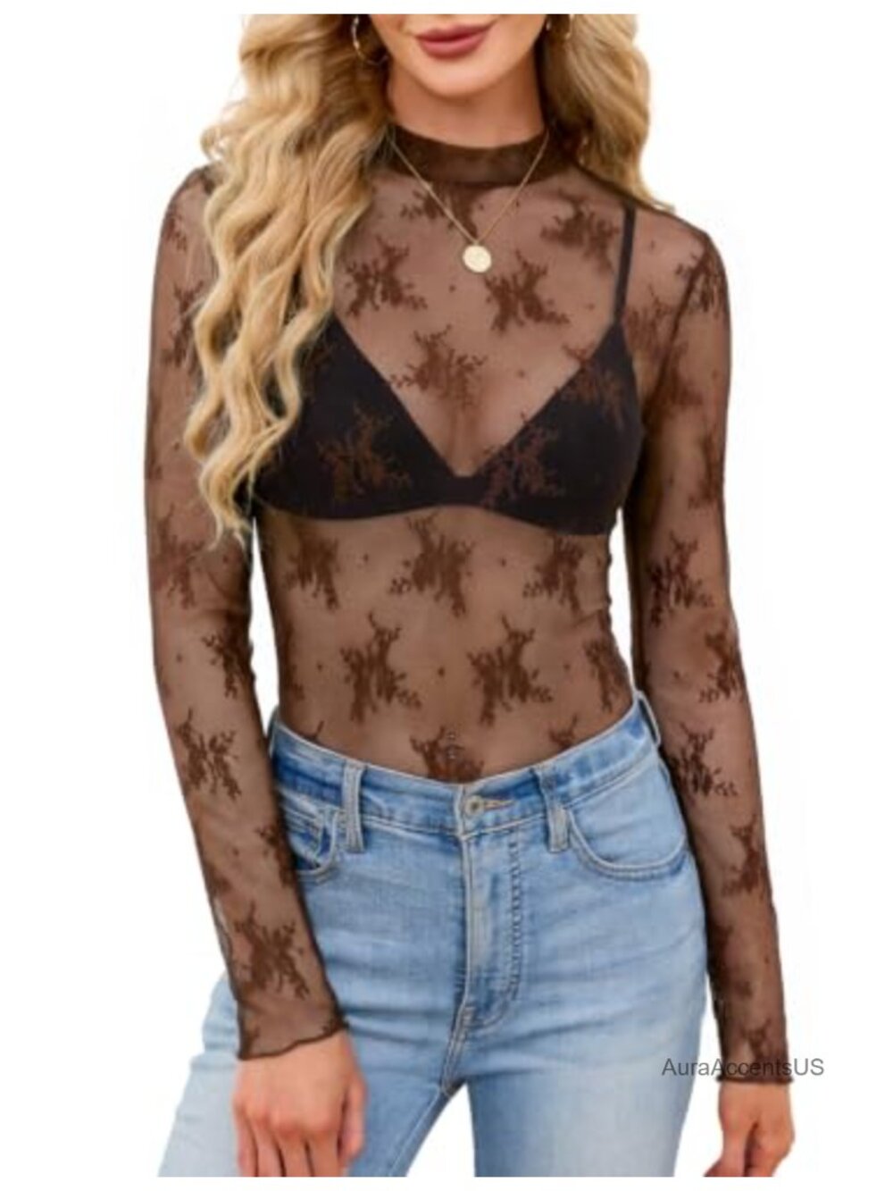 Sheer Mesh Long Sleeve High Neck Crop Top Women's Going Out Blouse